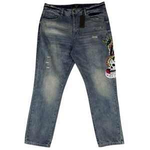 Ed Hardy Blue Jeans Men 36 Embroidered Skull Snake Distressed Y2K MEHD8301-2 NWT